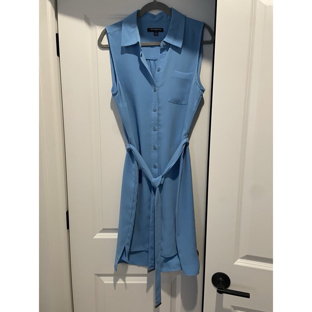 Sharagano Blue Collared Sleeveless Belted Shirt Dress Button Accent Size 10